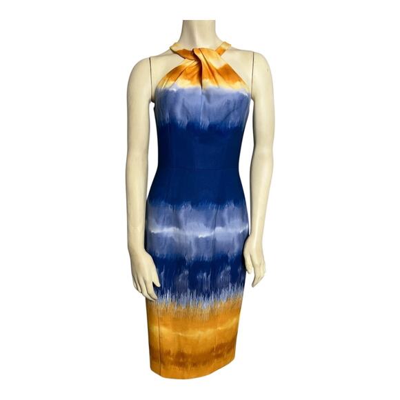 H&M Ombre Pencil Dress Twist Neck Yellow Blue 6 NWOT Fitted Column Career Brunch - Picture 1 of 4